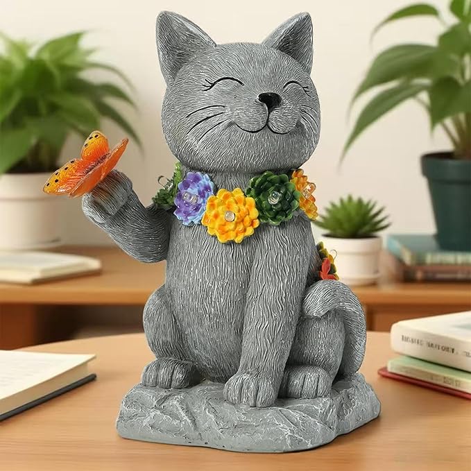 Outdoor Solar Cat Garden Statue - with LED Flowers and Butterfly Yard Art, Suitable for Lawn Decoration, Porch,Yard Decorations Outdoor, Birthday Gift for Mother, Grandmother, or Women