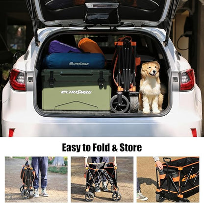 EchoSmile Collapsible Folding Wagon Cart 360lbs, Heavy Duty Garden Utility Cart with All Terrain Wheels, Large Capacity Outdoor Wagon for Camping, Beach, Shopping, Picnic (Black Orange)