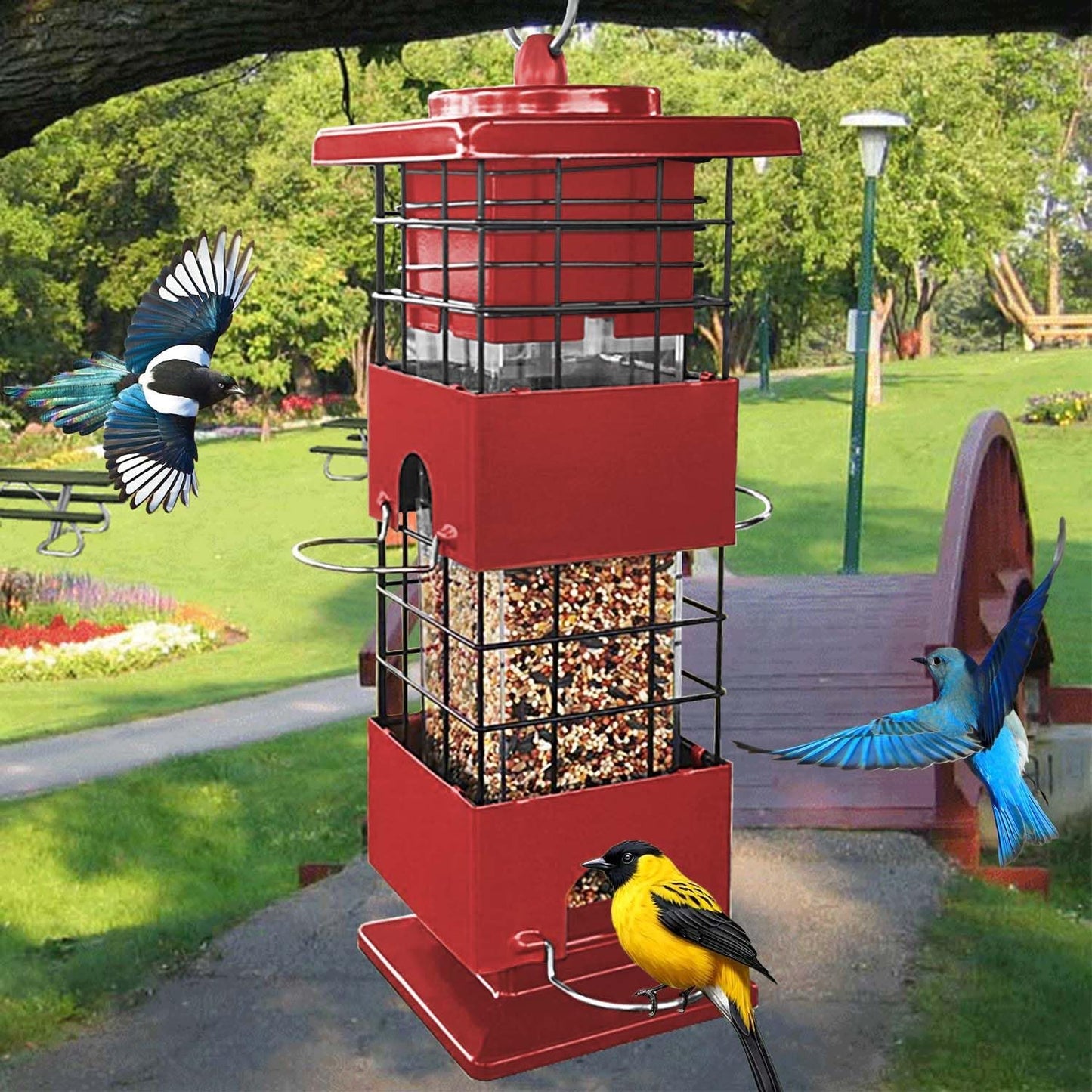 Squirrel Proof Bird Feeder, Metal Bird Feeders for Outdoors, 3 Lbs Birdfeeder Outside Hanging, Weight Activated Spring, 4 Feeding Ports, Cardinals, Finches and Sparrows, Wild Birds (Red)