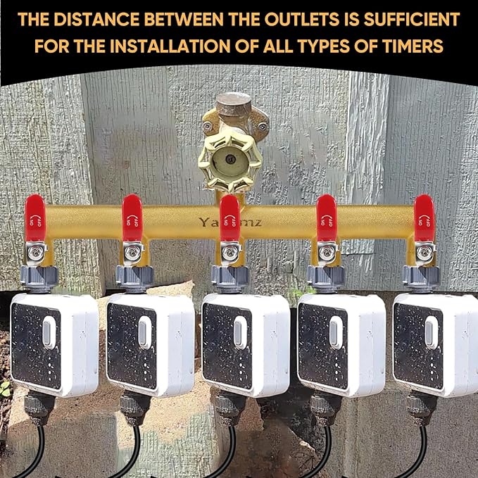 Garden Hose Splitter, 3/4” Rust and Freeze Resistant Outdoor Hose Manifold with 5 Red Extra Long Handles Faucet Adapter-Heavy Duty Brass 5-Way Valve