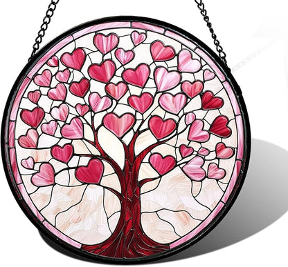 Stained Glass Window Hanging, Pink Love Heart Tree Suncatcher Hangings Beige Sun Catchers Decor for Birthday Holiday for Women, Men, Wife, Aunt, Mom 7.8 in
