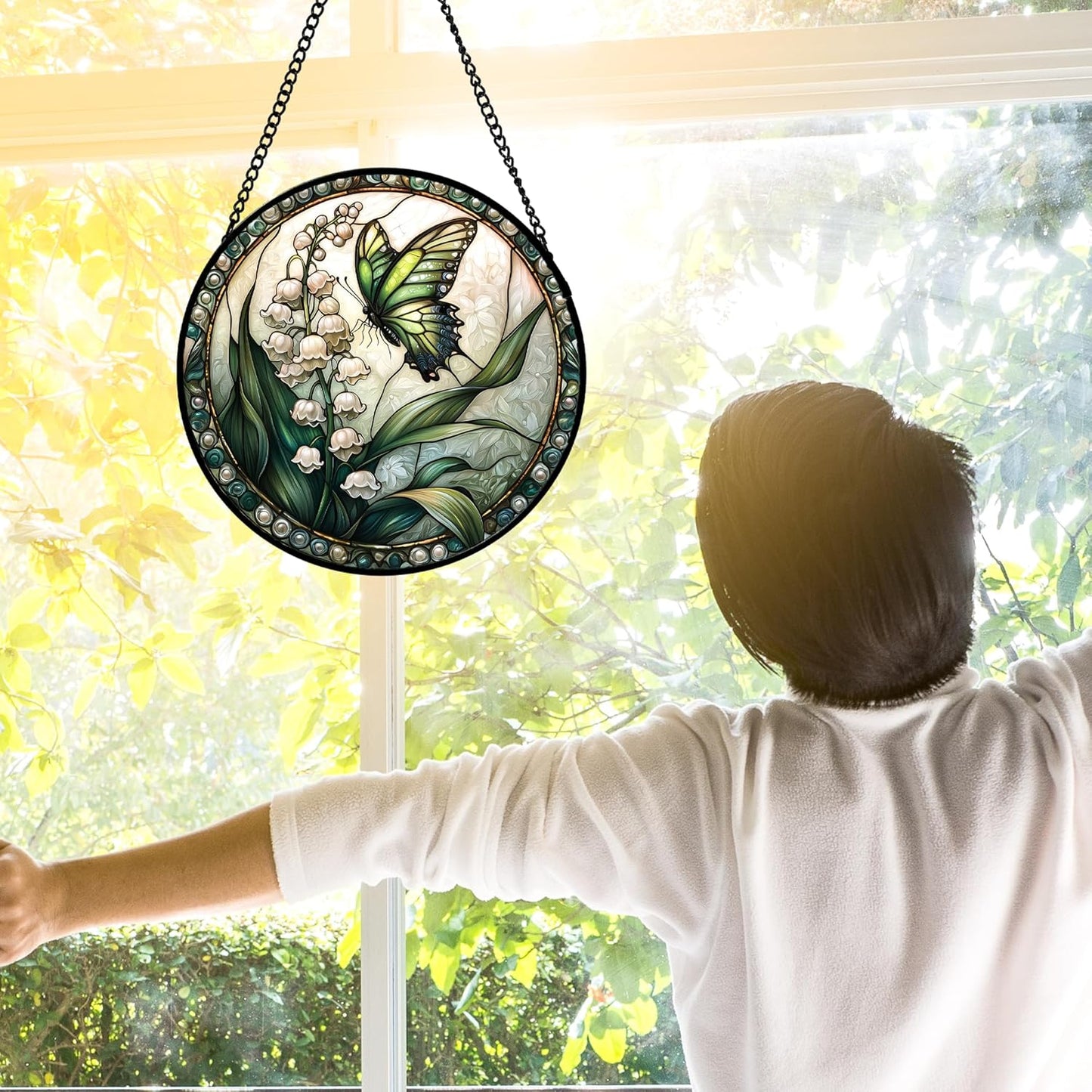 Stained Glass Window Hanging, Lily of The Valley Flower Butterfly Suncatcher for Doors Home Sun Catchers Decoration and Christmas, Mother's Day Birthday Gifts for Women, Men, Mom 6.3 in