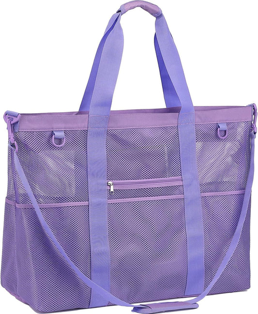 Mesh Beach Bag, Large Beach Tote with Zipper Pocket for Family Pool Bag for Toys & Vacation Essentials