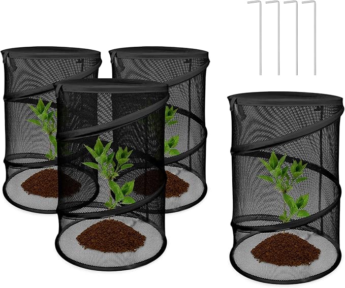 Pop up Plant Cover Net, 4 Pack Black Round Foldable Net Cover to Prevent Animal Damage, Garden Plant Protection Cover with Stakes for Outdoor Plants