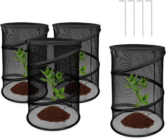 Pop up Plant Cover Net, 4 Pack Black Round Foldable Net Cover to Prevent Animal Damage, Garden Plant Protection Cover with Stakes for Outdoor Plants