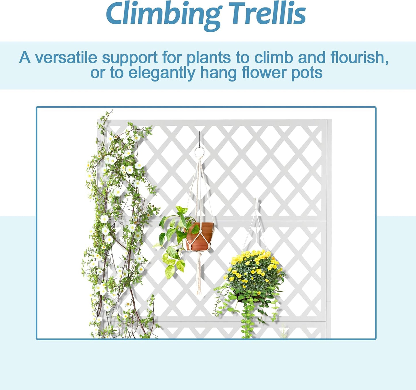 Metal Planter Box with Trellis & Wheels, Raised Garden Bed with Privacy Screen, Outdoor Standing Flower Beds with Drainage Hole for Climbing Plants, Vine, 47.2''L×15.7''W×70.9''H, White