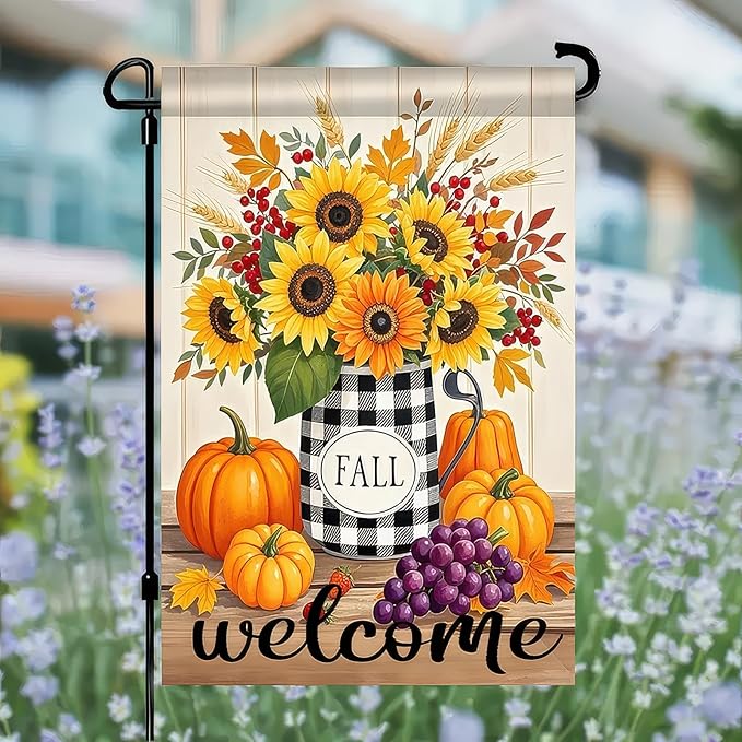 Garden Flags 12x18 Inch Fall Welcome Flag Double Sided Sunflower Pumpkin Grape Floral Outdoor Yard Banner for Porch Lawn Patio Autumn Harvest Decor Seasonal Thanksgiving Decoration
