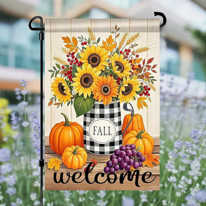 Garden Flags 12x18 Inch Fall Welcome Flag Double Sided Sunflower Pumpkin Grape Floral Outdoor Yard Banner for Porch Lawn Patio Autumn Harvest Decor Seasonal Thanksgiving Decoration
