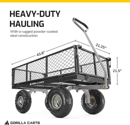 Gorilla Carts Steel Utility Cart, 4 Cu Ft Bed, 800 lb Load Capacity, Black – Heavy-Duty Outdoor Hauling Wagon with Removable Side Panels for Yard, Lawn, Garden or Landscaping