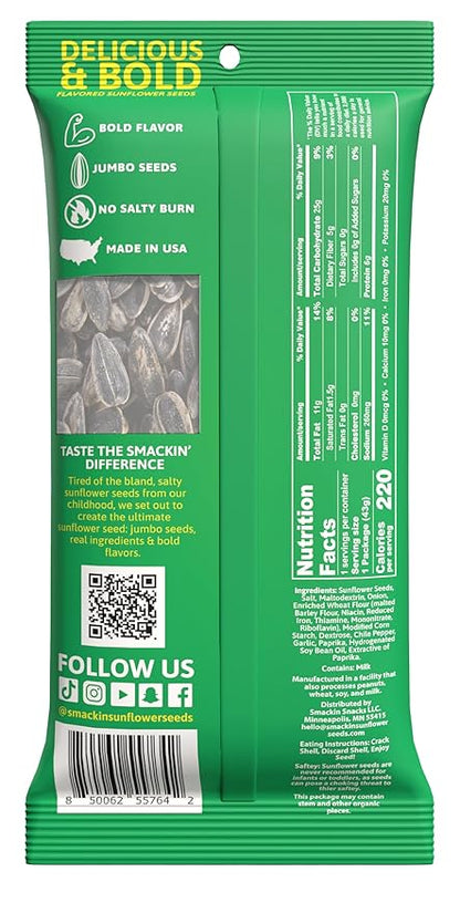 SMACKIN' Sunflower Seeds, Roasted Jumbo Small-Batch, American Made - Sour Cream & Onion, 1.5oz bags (6 Pack)