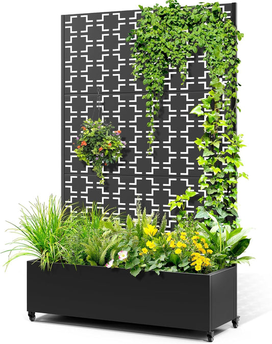 Metal Raised Garden Bed with Trellis, 2-in-1 Planter Box & Privacy Screen for Climbing Plants, Outdoor Standing Flower Bed with Drainage Holes, 47.2" L x 16.7" W x 70.8" H, Black-Square