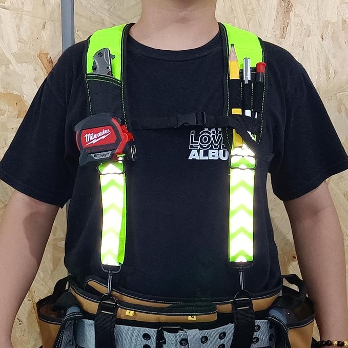 KUNN Tool Belt Suspenders Reflective - Heavy Duty Construction Reflective Safety Suspenders for Carpenter Electrician