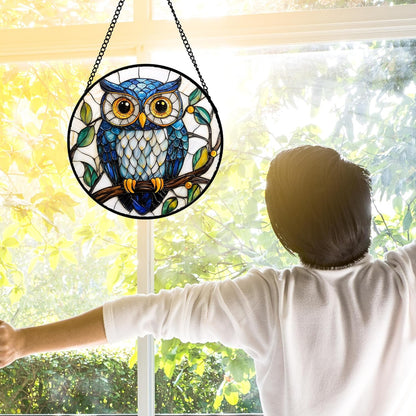 Stained Glass Window Hanging, Owl Gifts for Women Sun Catchers Diamond Glass Panel Hangings Birds Suncatcher Decor for Birthday for Women, Men, Wife, Aunt,and Mom 7.8X7.8IN