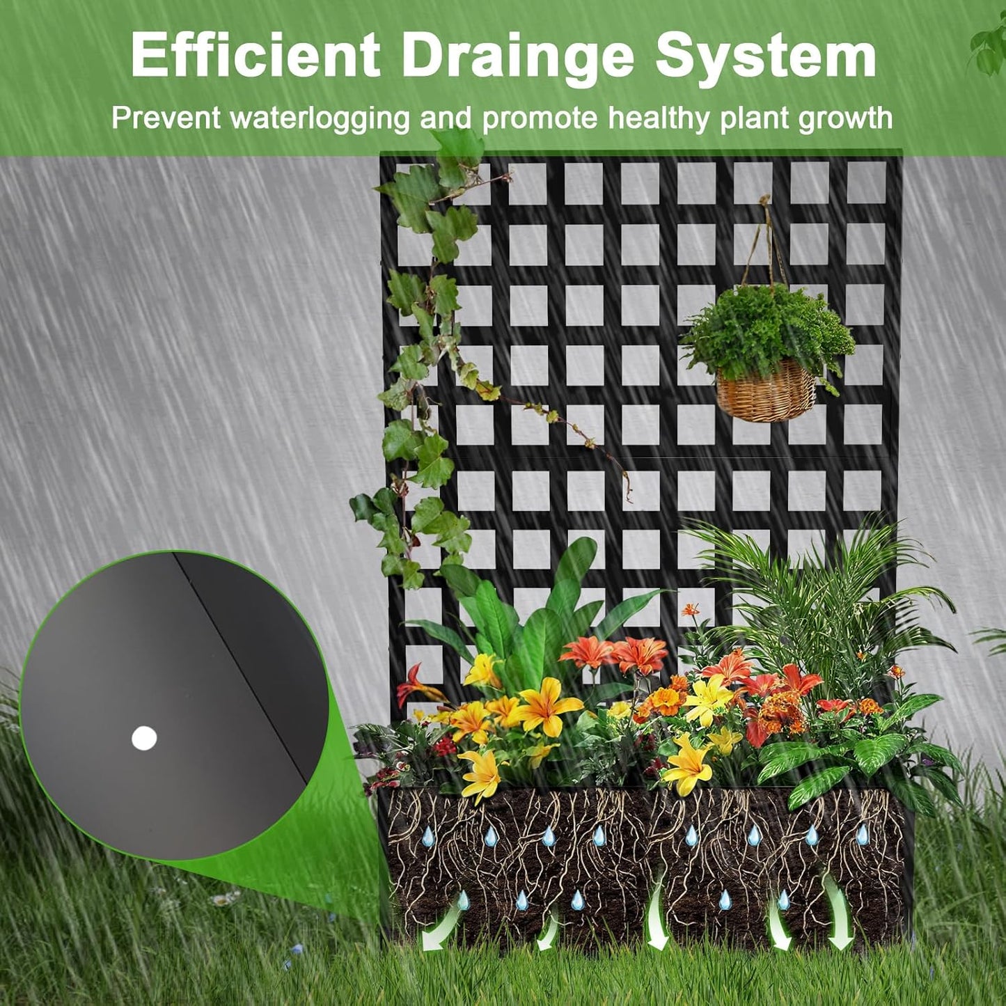 GarveeLife Metal Planter Box with Trellis, 71 in x47 in x12 in Raised Garden Bed with Trellis, Outdoor Garden Box with Privacy Screen & Drainage Holes for Climbing Plants Flower Vegetable, Black