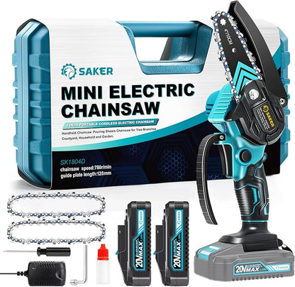 Saker Mini Chainsaw,Portable Electric Cordless Chainsaw,Battery Powered,Small Power Handheld Chain Saws Pruning Shears for Tree Branches,Christmas Gifts for Men Dad Women(2 Batteries&3 Chains)