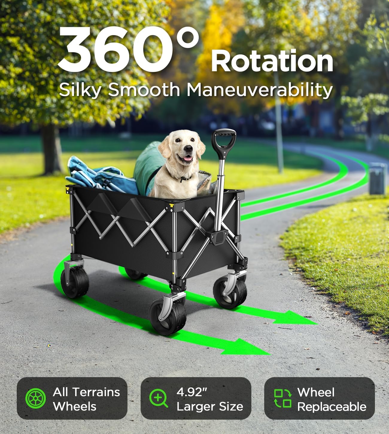 Beach Wagon,Collapsible Wagon 220lbs with Big Wheels FoldableWagon Carts,Portable Utility for Garden Grocery Sports Camping All Terrain-Black