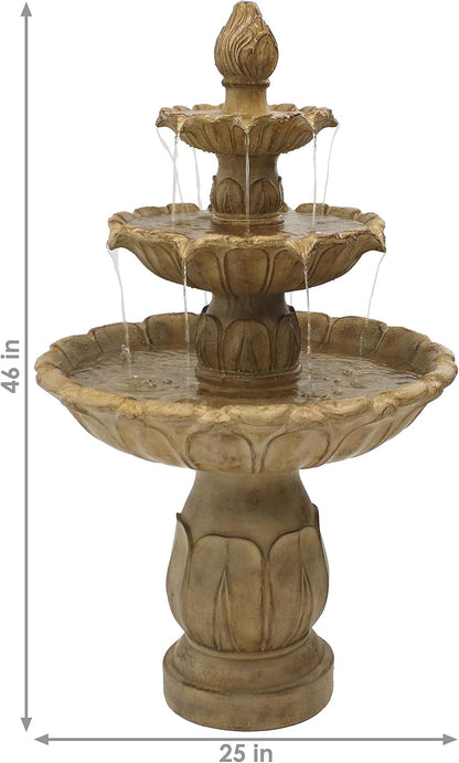 Sunnydaze Classic Tulip 3-Tier Electric Water Fountain - 46-Inch - with Electric Submersible Pump for Patio, Yard or Deck - Garden Stone