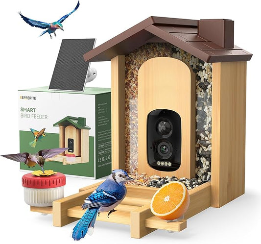 Bird Feeder with Camera: Eco Natural Bamboo Build | 160° Wide View | 2.5K Live Video | AI Auto Identify 12000+ Birds Species | Instant Arrival Alerts | Solar Smart Bird Feeders for Outdoors