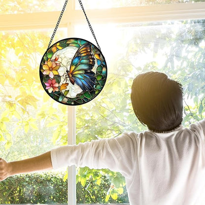 Stained Glass Window Hanging, Butterfly Flower Sun Catchers Diamond Glass Panel Hangings Insect Suncatcher Decor for Birthday for Women, Men, Wife, Aunt, and Mom 6.3 in