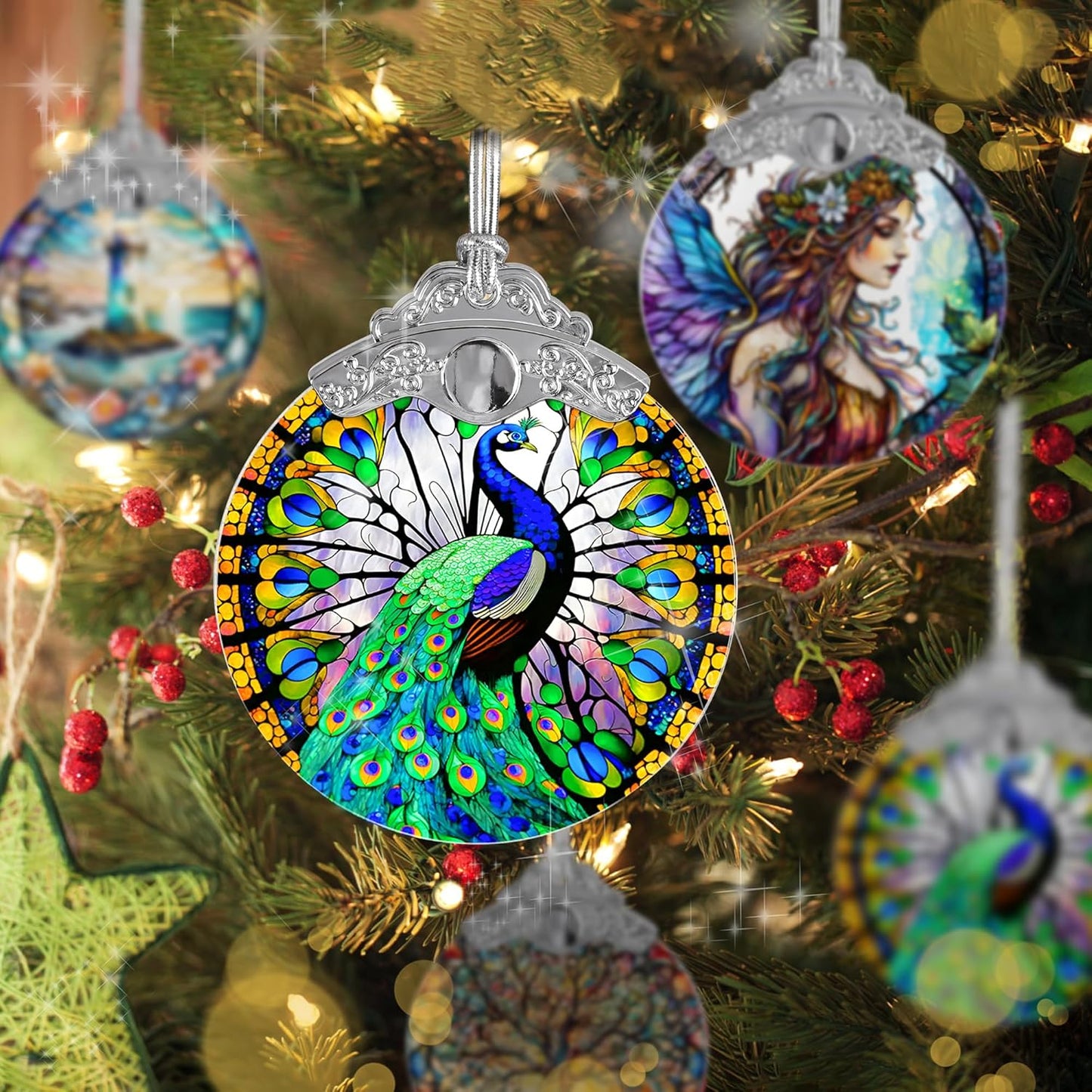 Stained Glass Suncatcher, Jocidea Peacock Ornament, Christmas Ornaments, Holidays Ornaments, Christmas Tree Decor, Peacock Decor for Home, Peacock Gifts