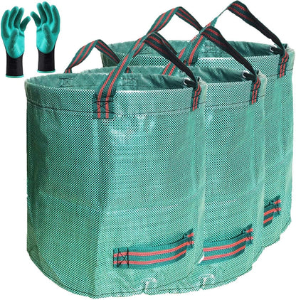 Standard 3-Pack 32 Gallons Yard Garden Bags (D18, H30 inches) with Gardening Gloves, Standable Reusable Leaf Bags,Plant Trimming Bag,Yard Waste Bags,Trash Container,Lawn Grass,Weeds Bag w/ 4 Handles