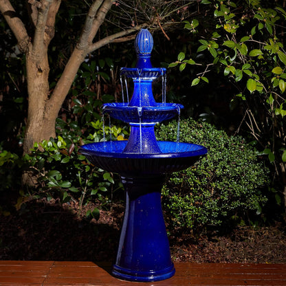 Glitzhome Outdoor Fountain and Waterfalls 3 Tier Patio Fountains, 45.25" H Ceramic Water Fountain with Pump & LED Light Garden Outdoor Floor Stand Fountains for Backyard Deck Lawn Porch, Cobalt Blue