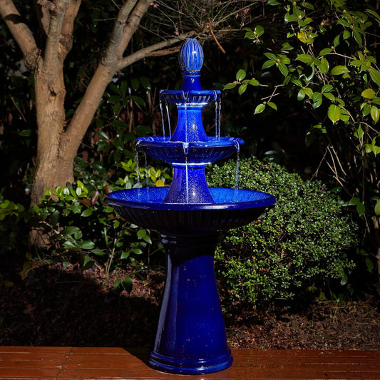 Glitzhome Outdoor Fountain and Waterfalls 3 Tier Patio Fountains, 45.25" H Ceramic Water Fountain with Pump & LED Light Garden Outdoor Floor Stand Fountains for Backyard Deck Lawn Porch, Cobalt Blue