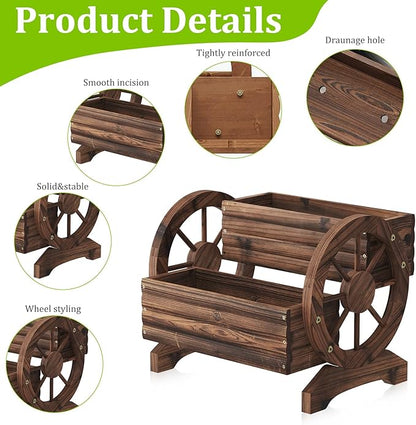 Wooden Flower Cart with Wheels Wooden Wagon Planter Outdoor Garden Planter, Decor Planter for Patio Balcony Decoration Succulent Flower Pot Flower Cart for Indoor Backyard Balcon Décor