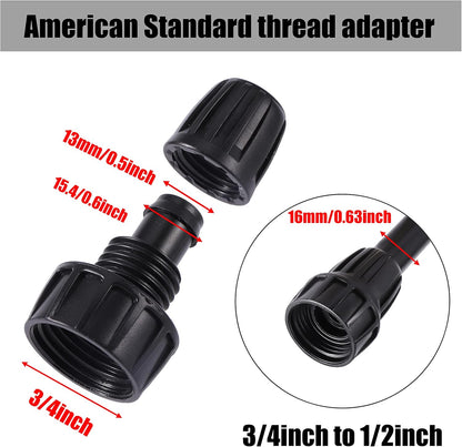 1/2 inch Irrigation Tubing Fittings For (1/2" ID x0.6-0.63" OD) 16mm Drip Tubing Barbed Locked Connectors-2 US Standard 3/4" to 1/2" Faucet Adapters,1 Switch Valve