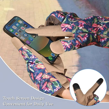 Gardening Gloves for Women and Men, Garden Gloves with Touch Screen, Thorn Proof Puncture Resistant Working Gloves, Gardening Gifts for Women,Blue-brown flowers M