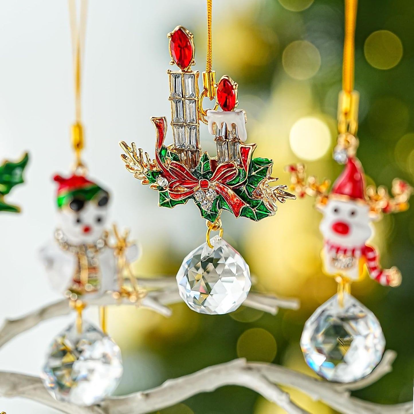 H&D HYALINE & DORA Set of 4 Christmas Sun Catcher with Crystals Cane/Box/Bell/Candle Hanging Crystal Prism Suncatcher for Holiday Party Home Decor
