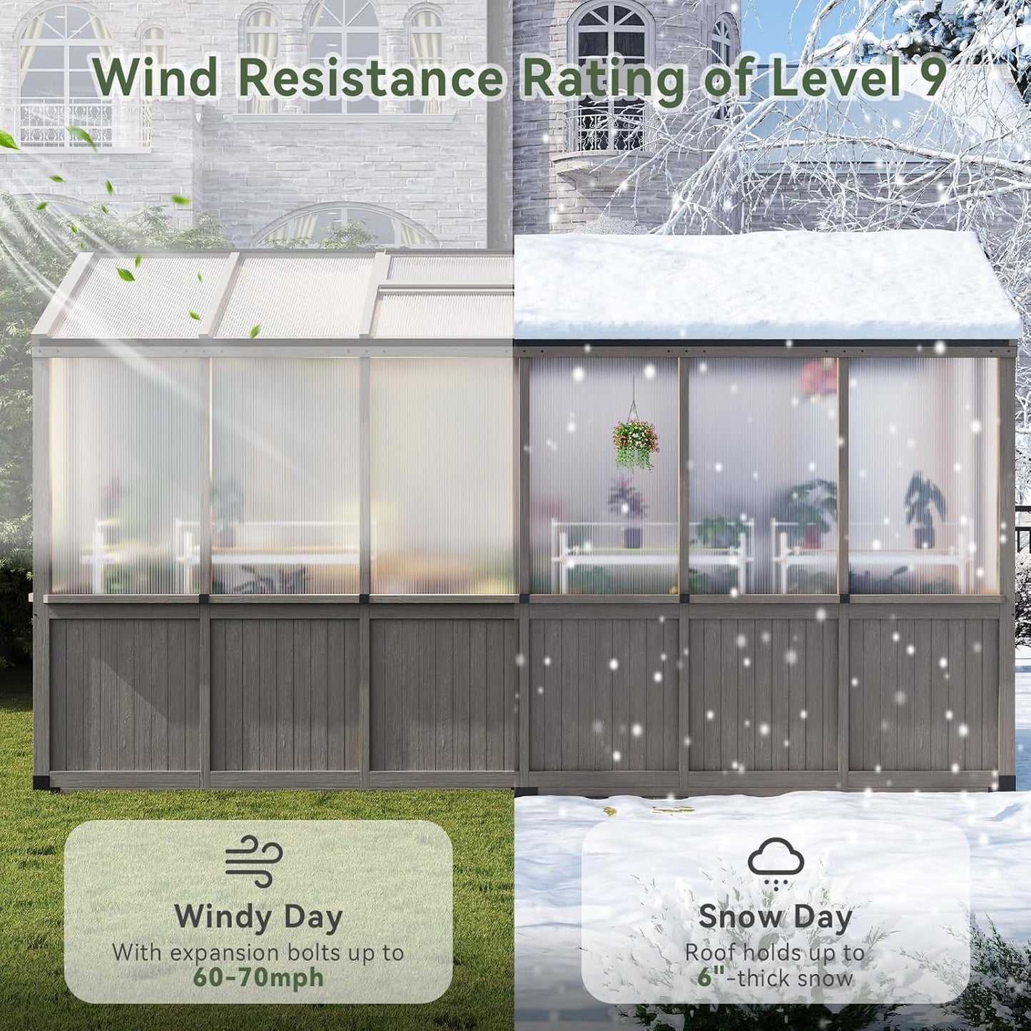 Aoxun 6x12 FT Walk-in Wooden Greenhouse,Solid Cedar Frame,Polycarbonate Panels, Automatically Temperature Control Roof Vent and Lockable Door,for Outdoor, Garden, Backyard,Patio, Lawn, Gray