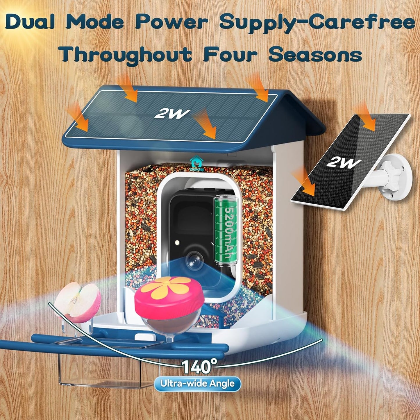 Smart Bird Feeder with Camera-AI Identify 11,000+ Species, 2K HD Auto Capture Birds Video & 64G TF Card, Solar-Powered Wireless Outdoor Design, Birdhouse with Built-in Two-Way Microphone