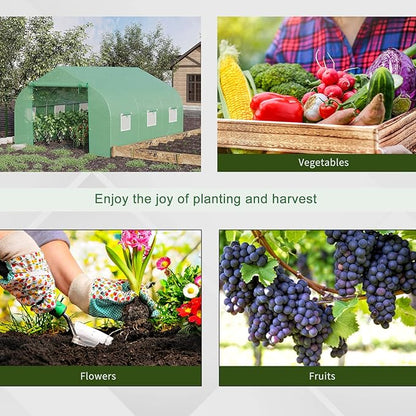 Outsunny 12' x 10' x 7' Outdoor Walk-in Greenhouse, Tunnel Green House with Roll-up Windows, Zippered Door, PE Cover, Heavy Duty Steel Frame, Green