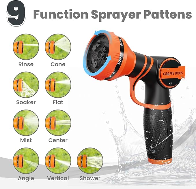 Girafe Tools Garden Hose 100ft x 5/8", 304 Stainless Steel Metal Water Hose, No Kink Garden Water Hose with 9 Pattern Spray Nozzle, Flexible, Lightweight, Kink Free Hose for Yard, Outdoor