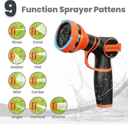 Girafe Tools Garden Hose 100ft x 5/8", 304 Stainless Steel Metal Water Hose, No Kink Garden Water Hose with 9 Pattern Spray Nozzle, Flexible, Lightweight, Kink Free Hose for Yard, Outdoor