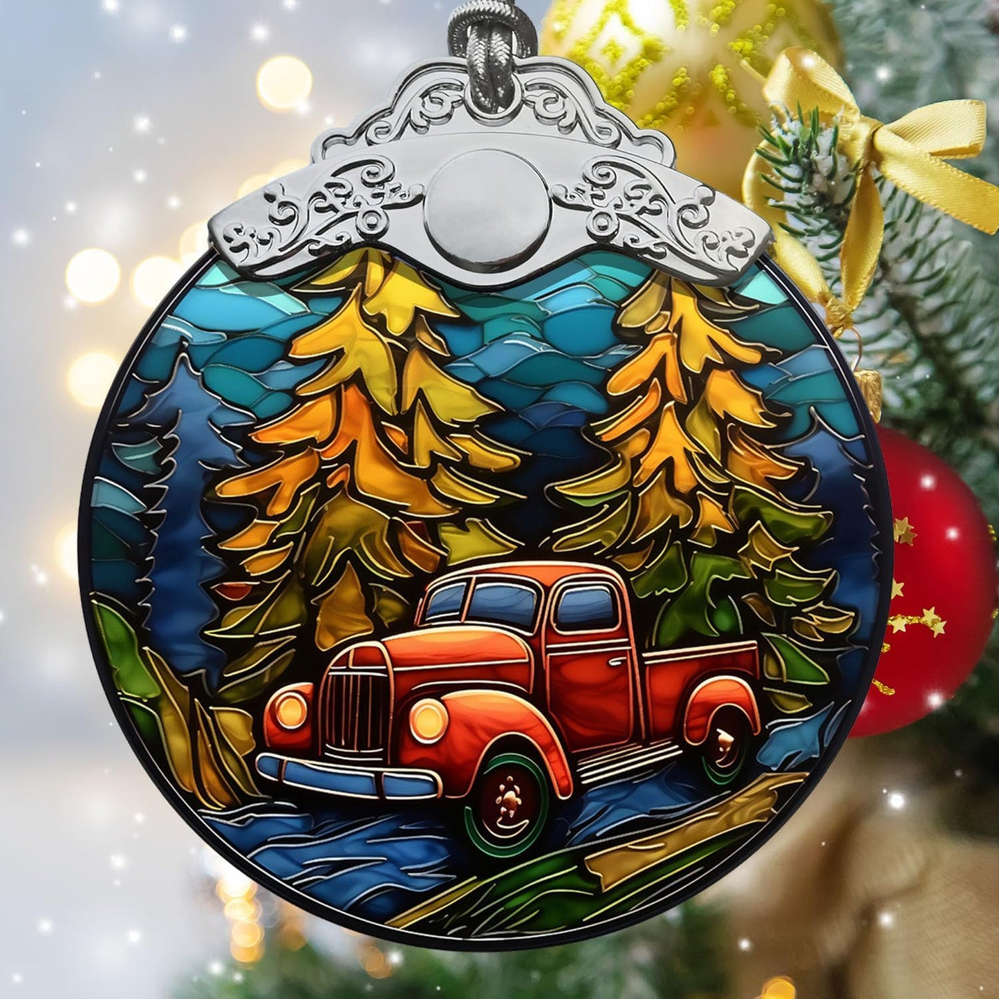 Red Truck Christmas Stained Glass Ornament - Home Decoration Gift for Xmas
