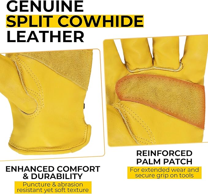 HANDLANDY Men Leather Gardening Gloves, Utility Work Gloves for Mechanics, Construction, Driver