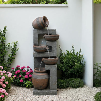 50.4" H Large Garden Fountains Outdoor, 5-Tier Cascading Rustic Style Bowl Water Fountain and Waterfall Feature with Light and Pump for Garden, Patio, Deck, Porch, Home Décor, Gray&Brown