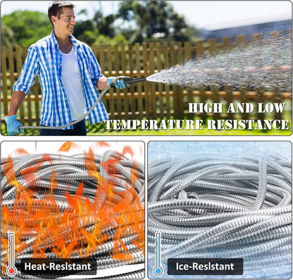 Metal Garden Hose 50ft with Super Tough and Soft Water Hose, Household Stainless Steel Hose, Durable Mighty Garden Hose with Adjustable Nozzle, No Kinks and Tangles, Easy to Store with Storage Strap