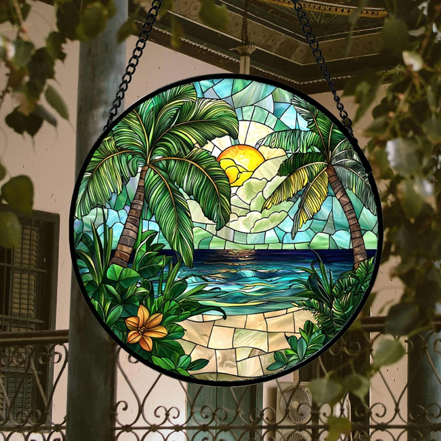 Stained Glass Window Hanging, Green Beach Scenery Suncatcher Diamond Glass Panel Hangings Sun Catchers Decor for Birthday for Women, Men, Wife, Aunt, and Mom 14.9x14.9 in