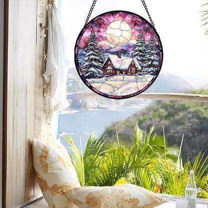 Stained Glass Window Hanging - Winter Snow Scene Cabin Moon Sun Catcher for Door Garden Home Decor Pine Tree Suncatcher Christmas Mother's Day Birthday Gifts for Women Men Mom Nana 11.8 in