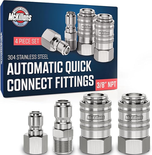 McKillans® 3/8" NPT Automatic Pressure Washer Quick Connect Kit of 4 - Stainless Steel - 3/8" Pressure Washer Quick Connect Fittings - Power Washer NPT 3/8" - PUSH-TO-CONNECT - Upgraded Viton O-Rings