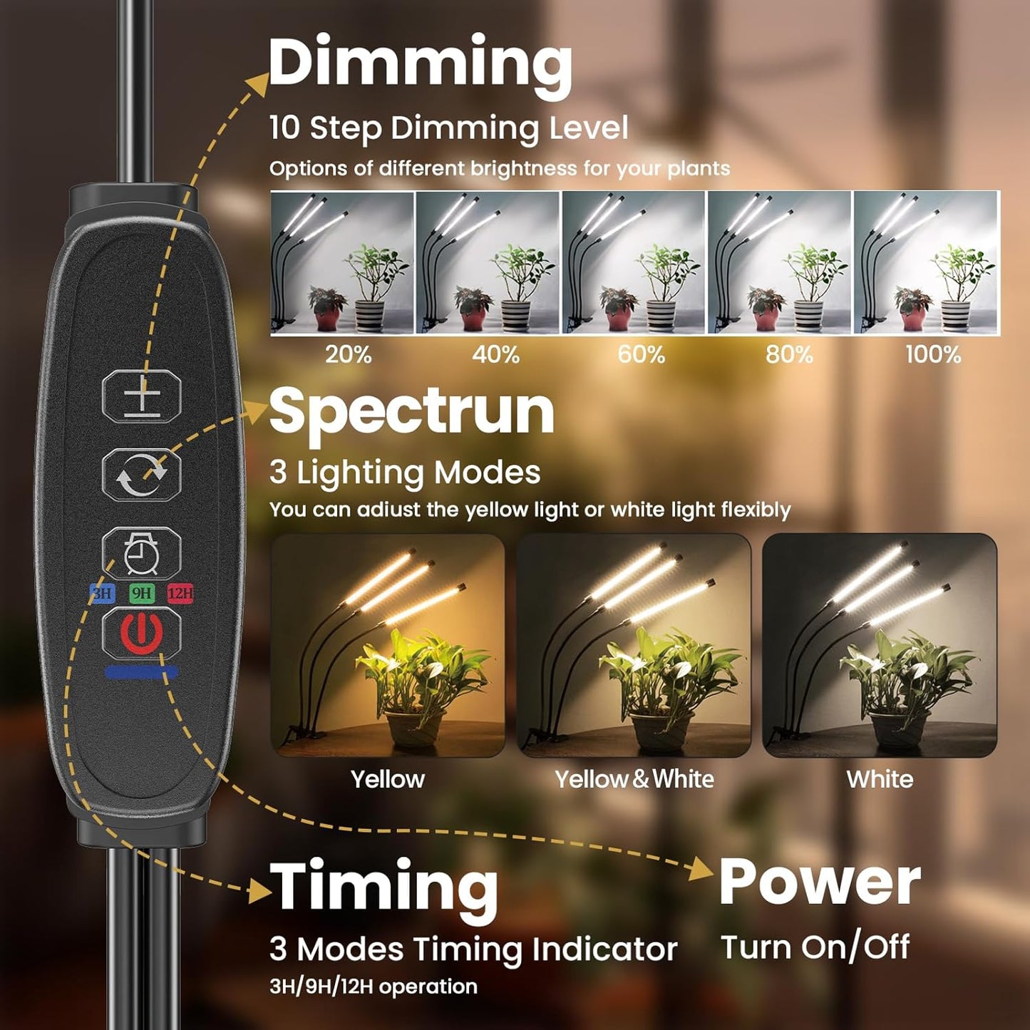 bseah Plant Grow Light for Indoor Plants, Full Spectrum Indoor Grow Light, 10-Level Dimmable and Auto ON & Off Timer