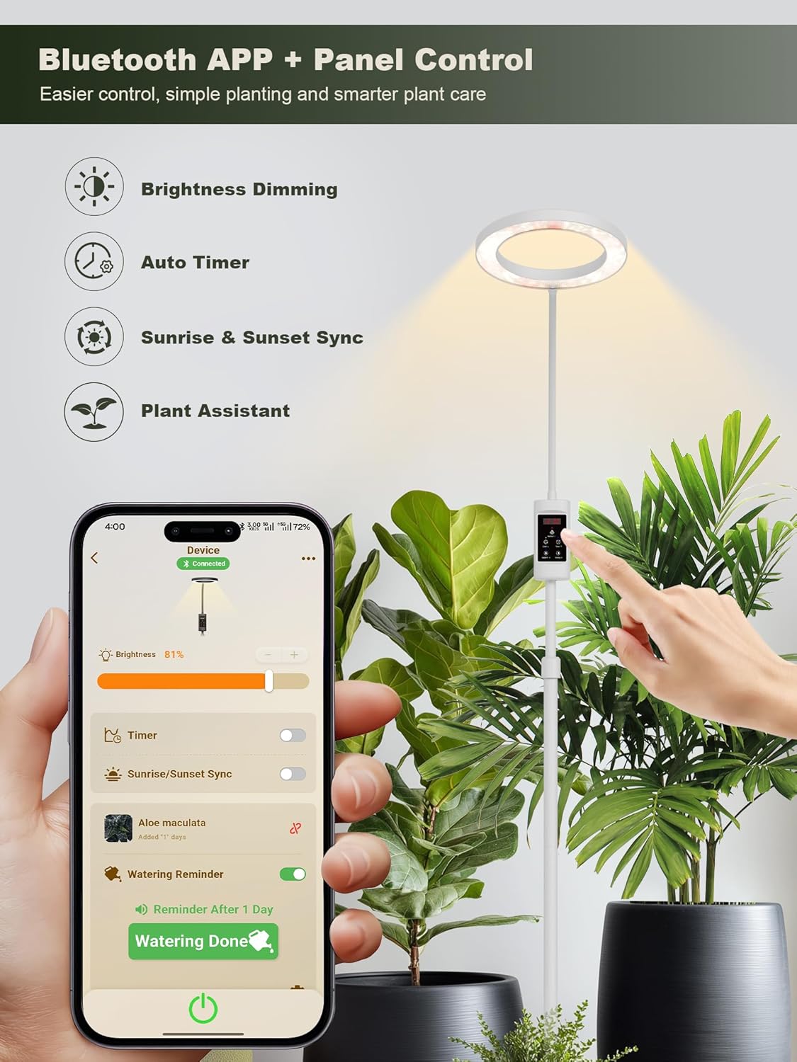 GLOWRIUM Smart Grow Lights for Indoor Plants, 24W Full Spectrum Plant Lights, Bluetooth App & Manual Control, Adjustable Height 47-70.9", Auto Timer, Indoor Plant Lamp for Tall Indoor Plants
