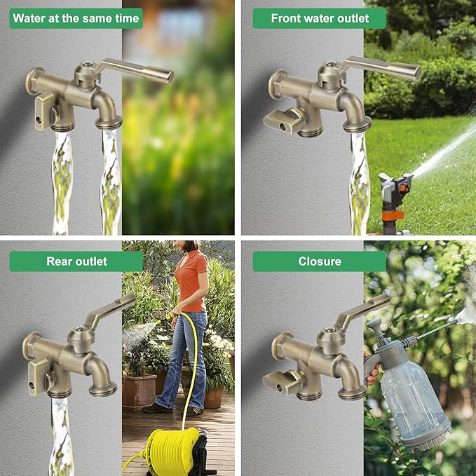 Outside Water Faucet,Outdoor Wall Mounted Garden Double Faucets Two 3/4 inch Brass Ball Valves Water Tap Frost-Proof Outside Spigot Replacement with 2 Outlets for Home Balcony (Bronze 3/4" Male Inlet)