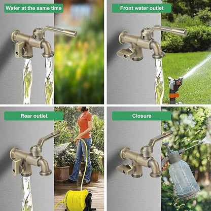 Outside Water Faucet,Outdoor Wall Mounted Garden Double Faucets Two 3/4 inch Brass Ball Valves Water Tap Frost-Proof Outside Spigot Replacement with 2 Outlets for Home Balcony (Bronze 3/4" Male Inlet)