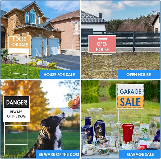 Therwen 60 Pcs Yard Sign Stakes 20'' x 10'' Metal H Heavy Duty Frame Wire Stakes Galvanized Lawn Sign for 4mm 5mm Corrugated Advertising Board Yard Garage Holder Halloween Decor