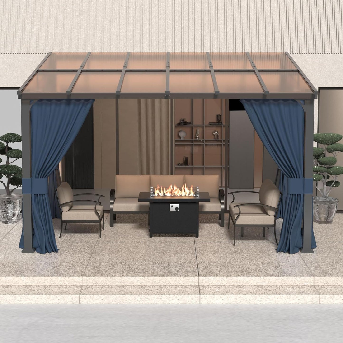 10' x 12' Gazebo，Hard Top Lean to Gazebo Wall Mount Heavy Hardtop Gazebos Outdoor Pergola with Curtains and Netting for Patio Garden Lawn Backyard Deck (Navy)