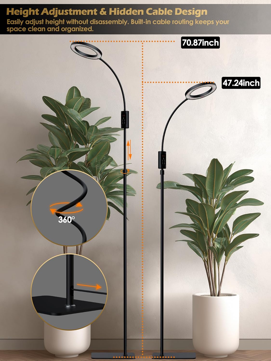 Smart Grow Lights for Indoor Plants,24W Plant Light with Auto-Timer,Full Spectrum LED Grow Light, Adjustable Height & Stepless Dimming,Plant Assistant Suitable for Most Plants (Black, 24W)